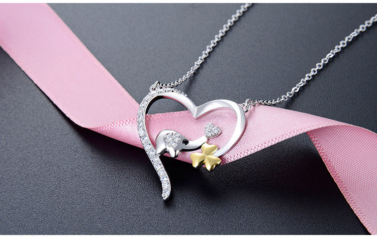 925 Sterling Silver Lovely Elephant Clover in Heart Necklaces