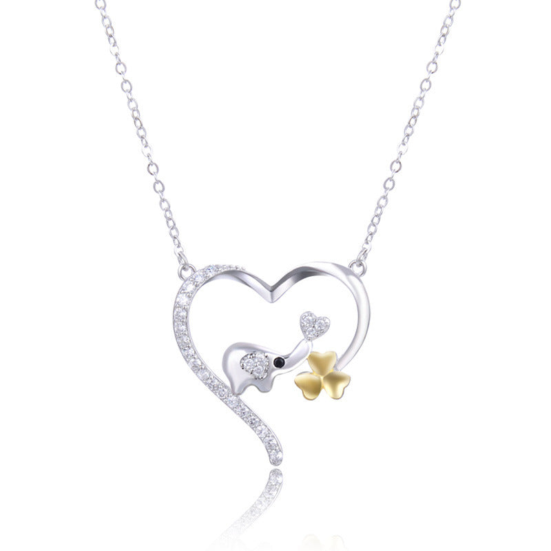 925 Sterling Silver Lovely Elephant Clover in Heart Necklaces