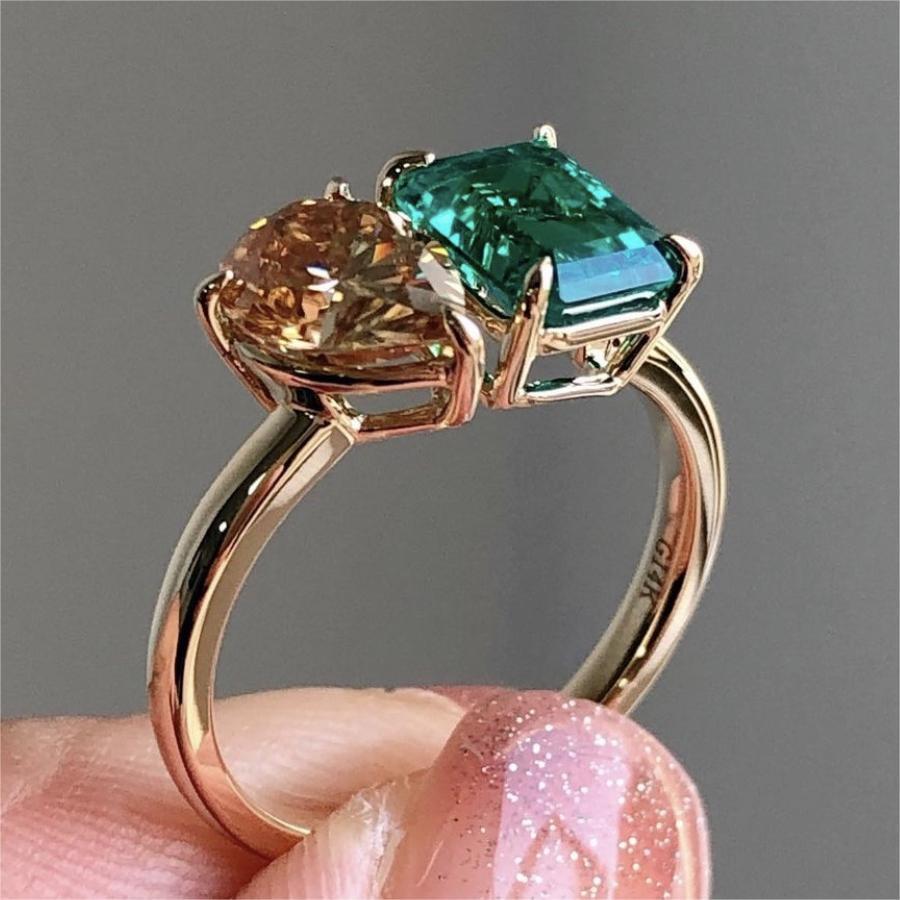 Unique Double Main Stone Lady Green Yellow Zircon Square Stone - Odiune