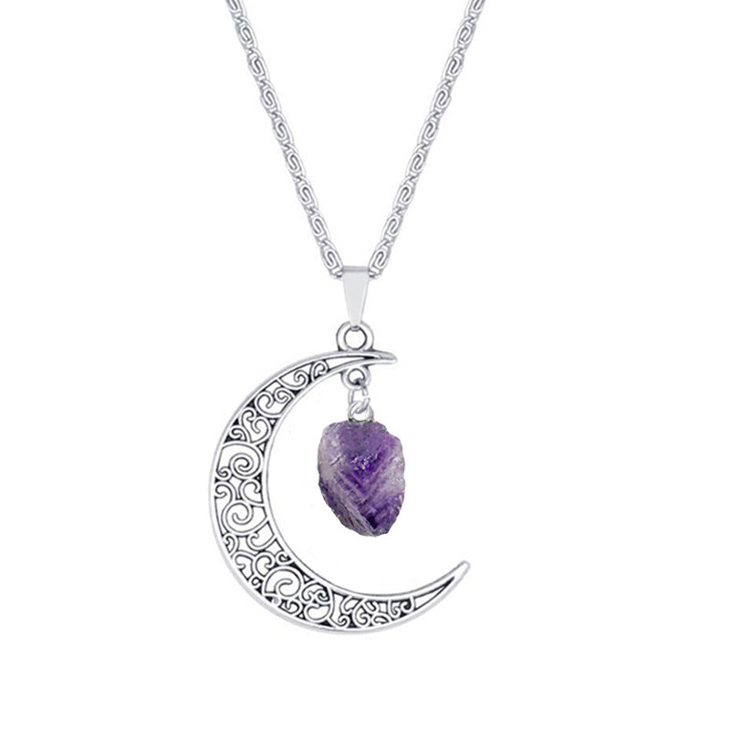 Vintage Purple Natural Stone Moon Necklaces For Women