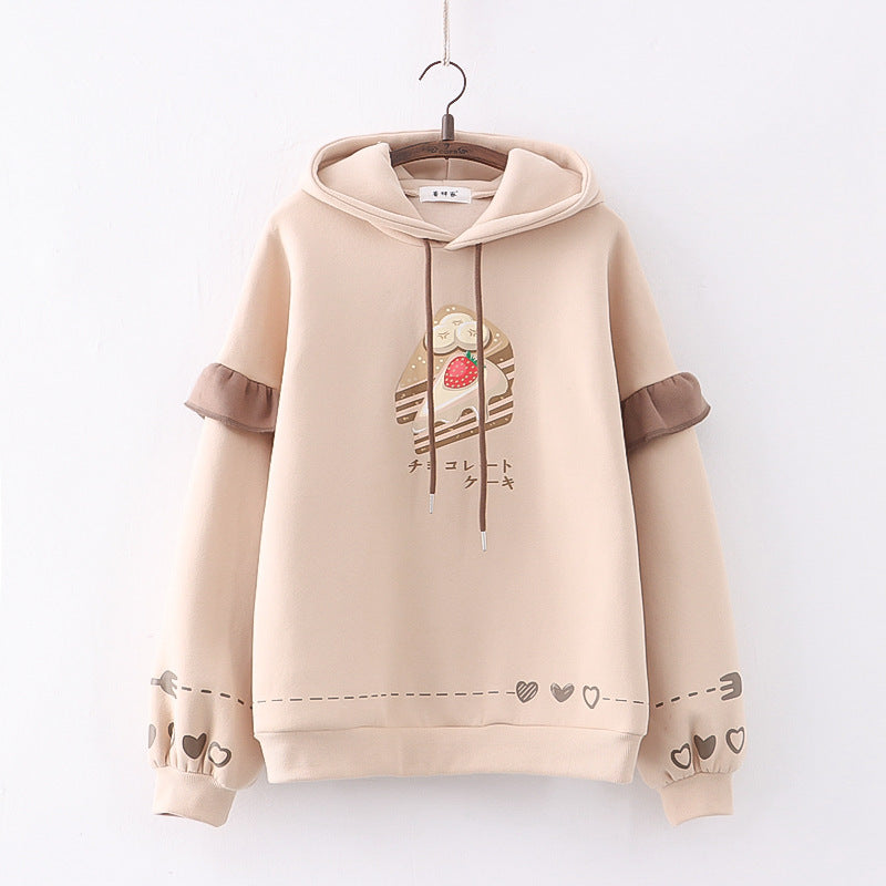 Loose Casual Cake Print Hooded Sweater - Odiune