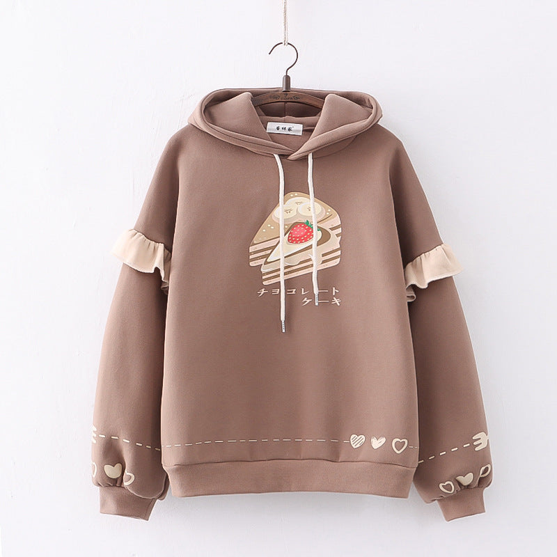 Loose Casual Cake Print Hooded Sweater - Odiune