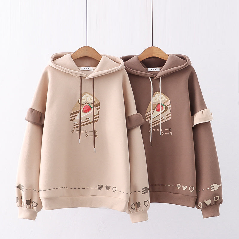 Loose Casual Cake Print Hooded Sweater - Odiune