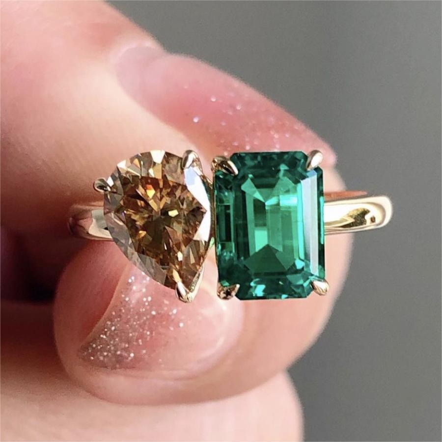 Unique Double Main Stone Lady Green Yellow Zircon Square Stone - Odiune