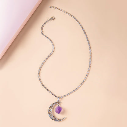 Vintage Purple Natural Stone Moon Necklaces For Women