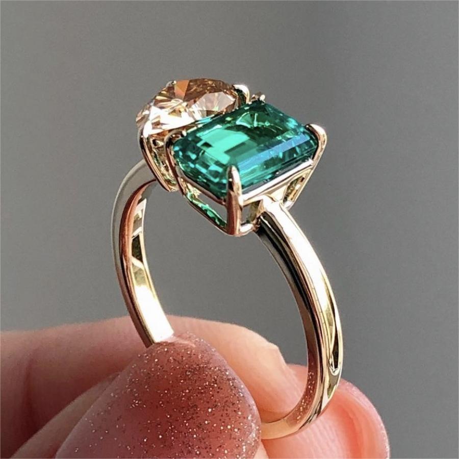 Unique Double Main Stone Lady Green Yellow Zircon Square Stone - Odiune