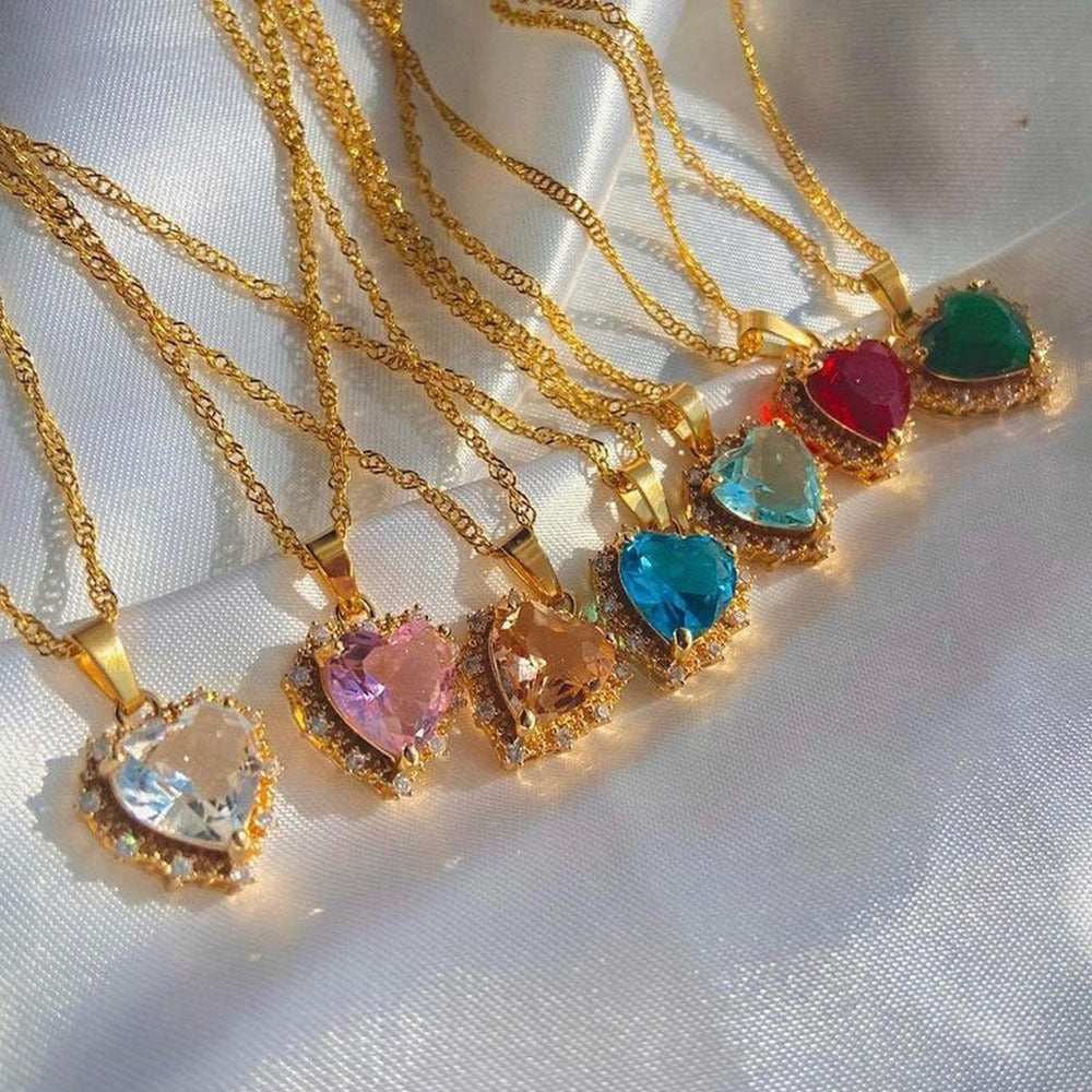 Colorful Rhinestones Heart-shaped Necklace - Odiune